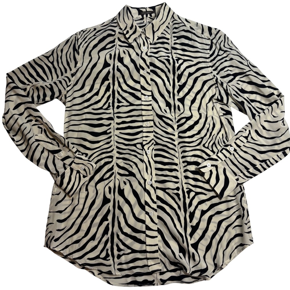 J.McLaughlin Silk Button Down Shirt Womens White Black Zebra Excellent XS